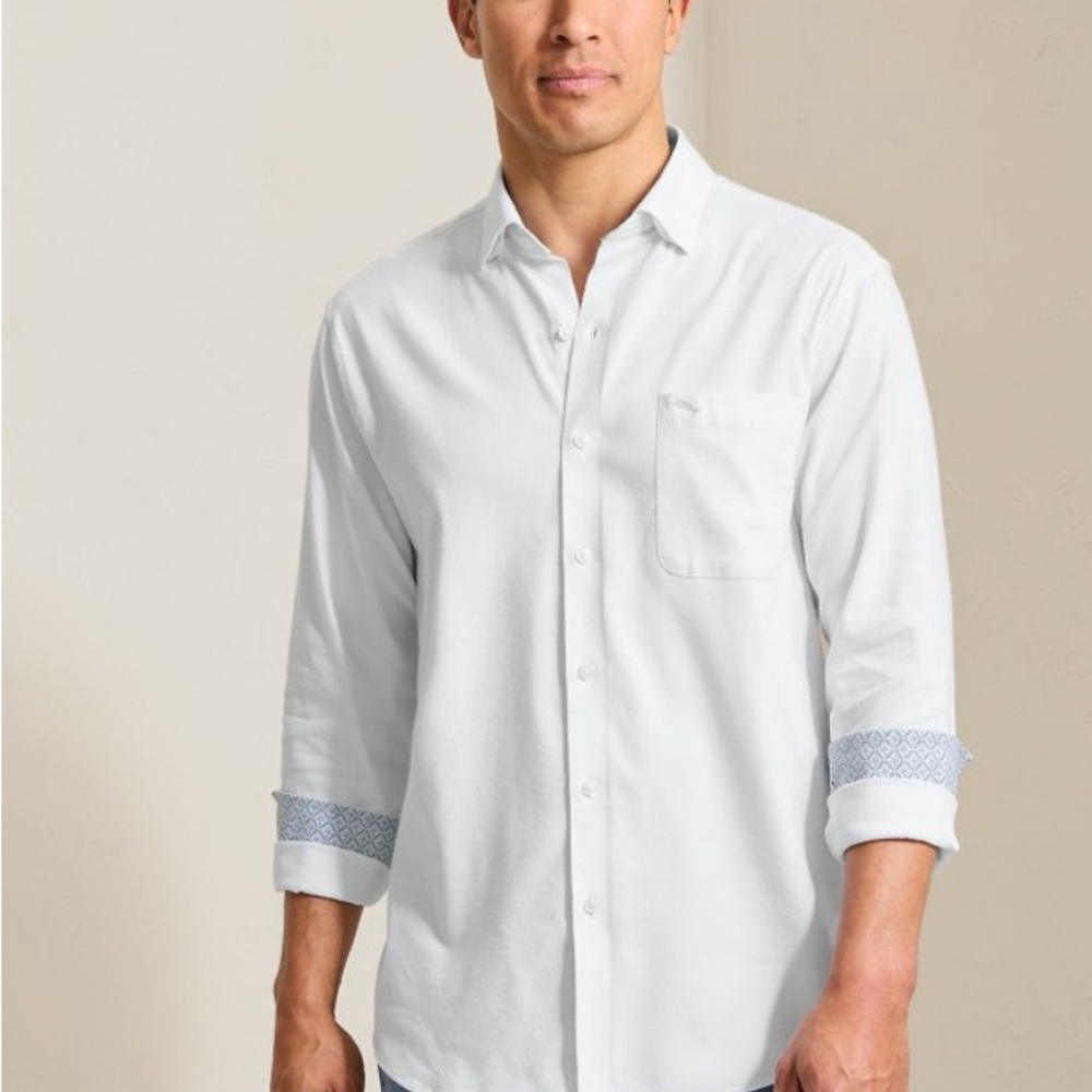 Tommy Bahama Sarasota Stretch White Button Down Shirt with Patterned Cuffs
